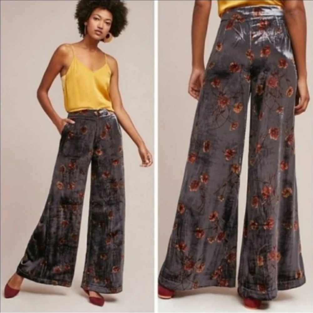 Anthropologie Gray Floral Wide-Leg Pants